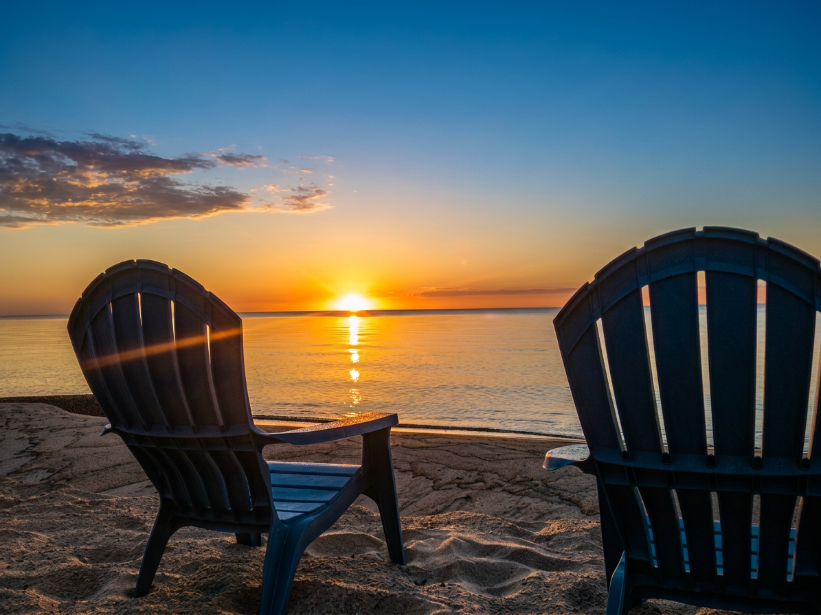 Sandy Lake Huron beach at sunrise near the cabins