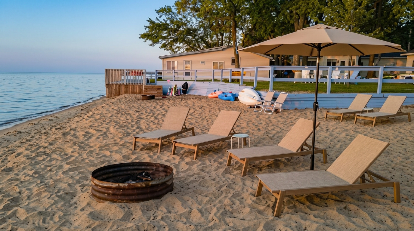 Adirondack chairs and kayaks facing Lake Huron in front of the cabins