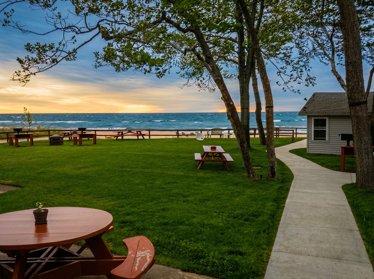 Grassy lawn above the beach with picnic tables overlooking Lake Huron