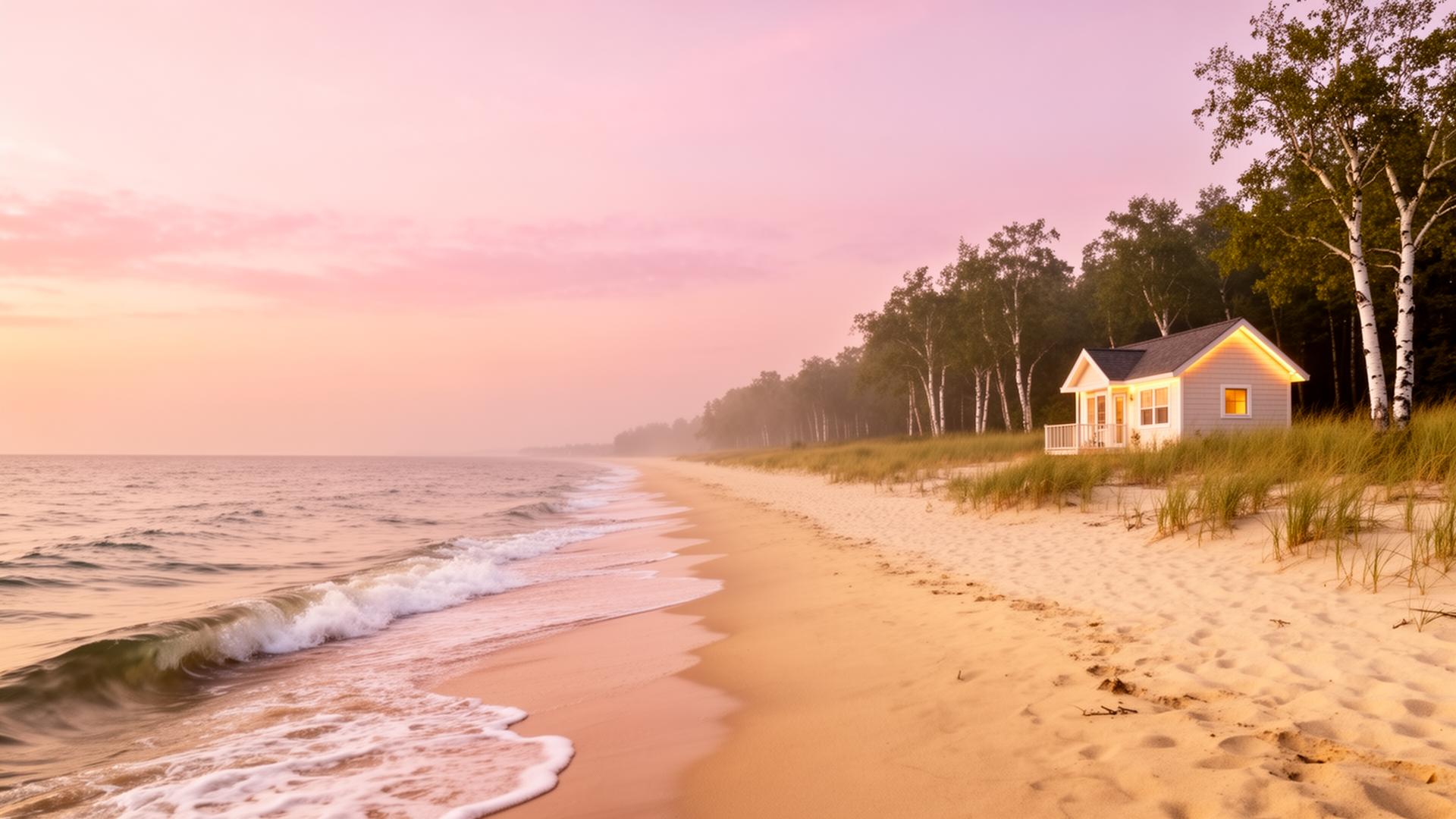 A boutique cabin at sunrise above a wide sandy Lake Huron beach
